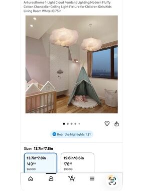 Cloud-Shaped Pendant Light for Kids Nursery - White
